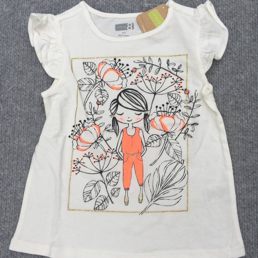 "BUTTERFLY DAY"Garden Girl Sparkle Ivory/Coral Tee